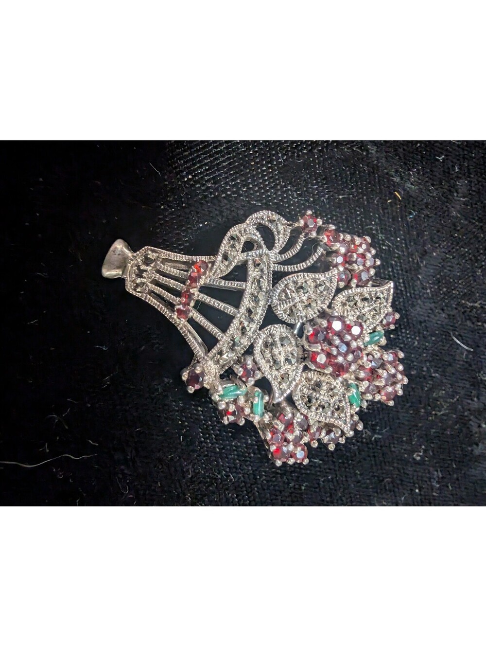 Vintage Sterling Silver Floral Basket Brooch with garnet and Rhinestones